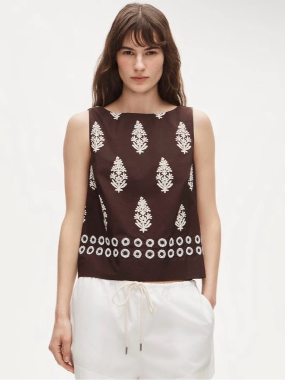 NWT J. Crew Beaded Shell Top Cocoa Block Print Pearl Embroidered Brown
